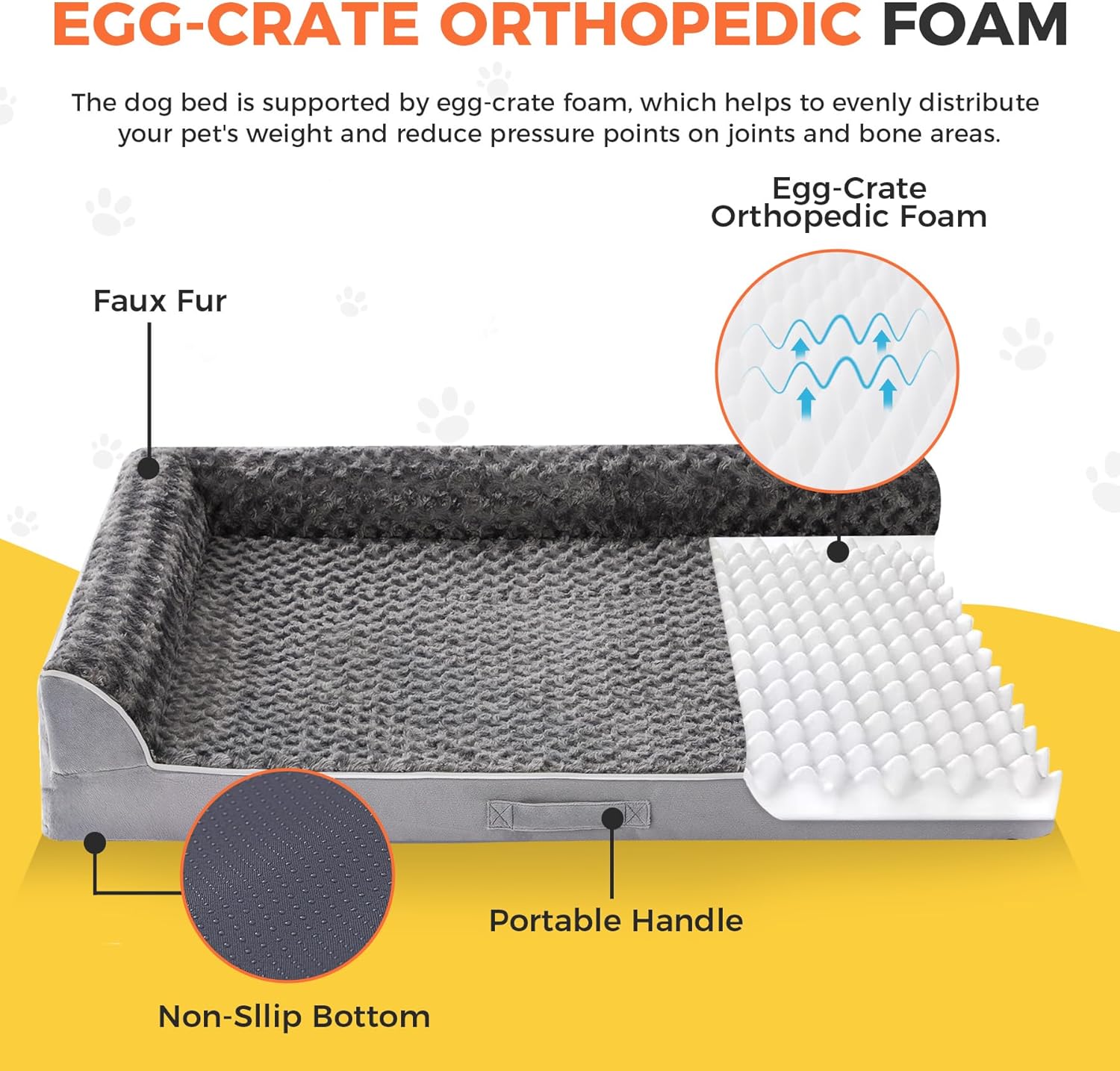 Dog Beds Large Sized Dogs, XL Orthopedic Dog Beds for Large Dogs 42"x30"x7.5", Waterproof Pet Bed with Washable Cover, L-Shaped Pet Couch with Portable Handle, Grey - Image 2