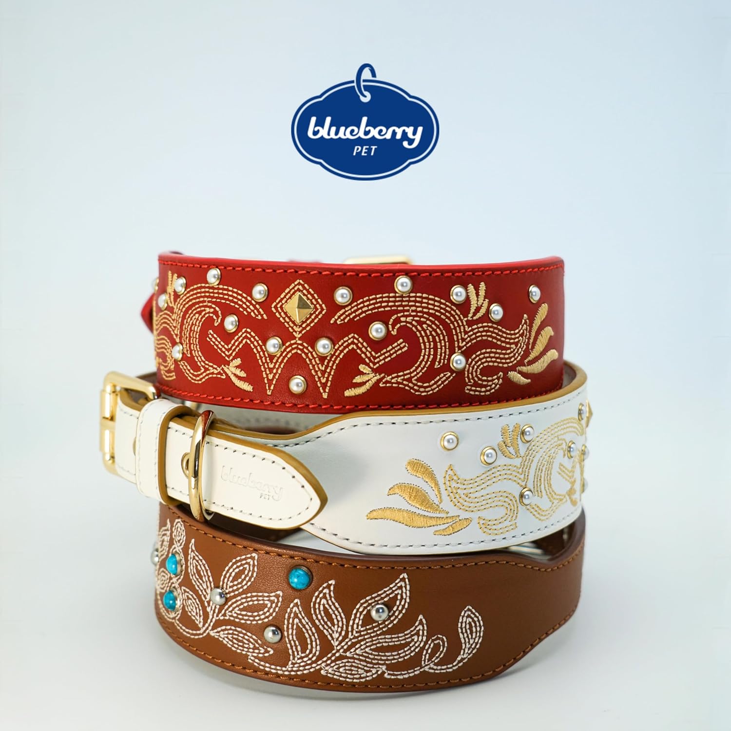 Blueberry Pet Western Genuine Leather Dog Collar for Medium Breeds, Pearl White - Floral Embroidery, Pearl Studs, Adjustable 15-18 Inch Neck, Dog Collars for Medium Dogs - Image 5