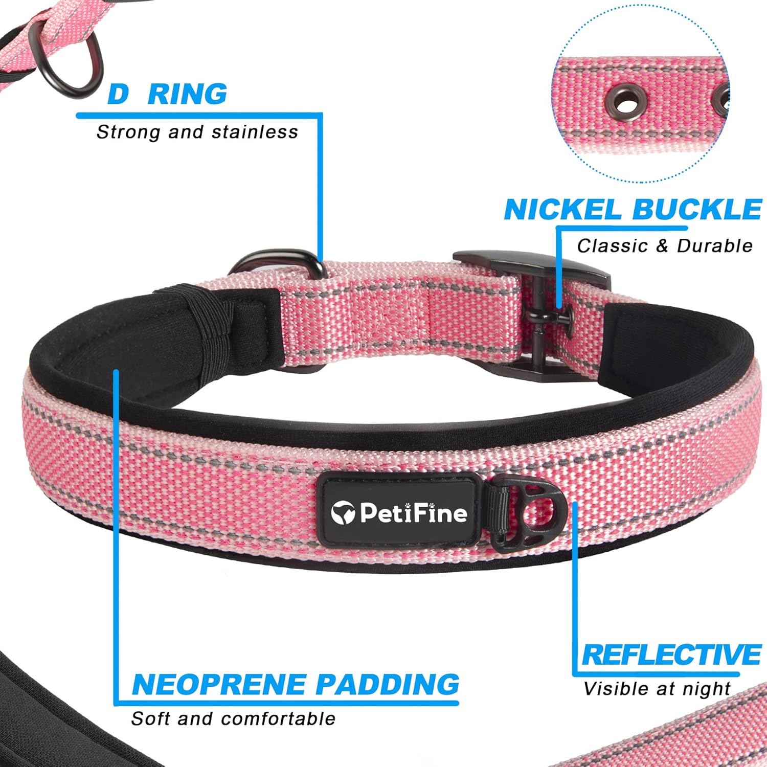 PetiFine Neoprene Padded Dog Collar, Heavy Duty Comfort Dog Collar with Durable Metal Buckle, Reflective Adjustable Belt Buckle Dog Collars for Small Medium Large Dogs(14.5''-19'', Pink) - Image 3