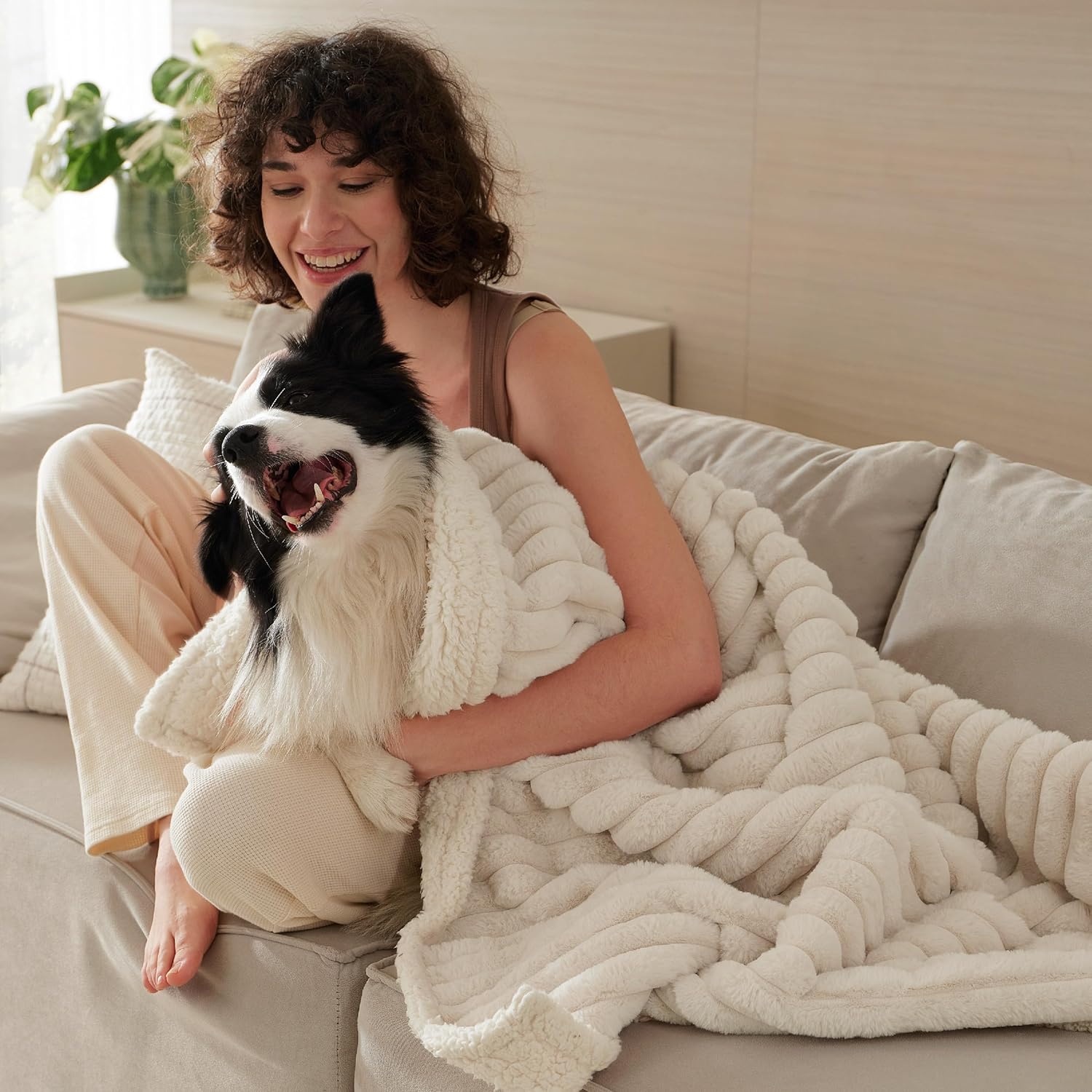 Bedsure ComfyFleece™ Waterproof Dog Blankets for Large Dogs - Soft Pet Cat Blanket Corduroy Fleece for Couch Bed Protector Washable, Cozy Calming Reversible Furniture Protection,50"x60", Cream - Image 2