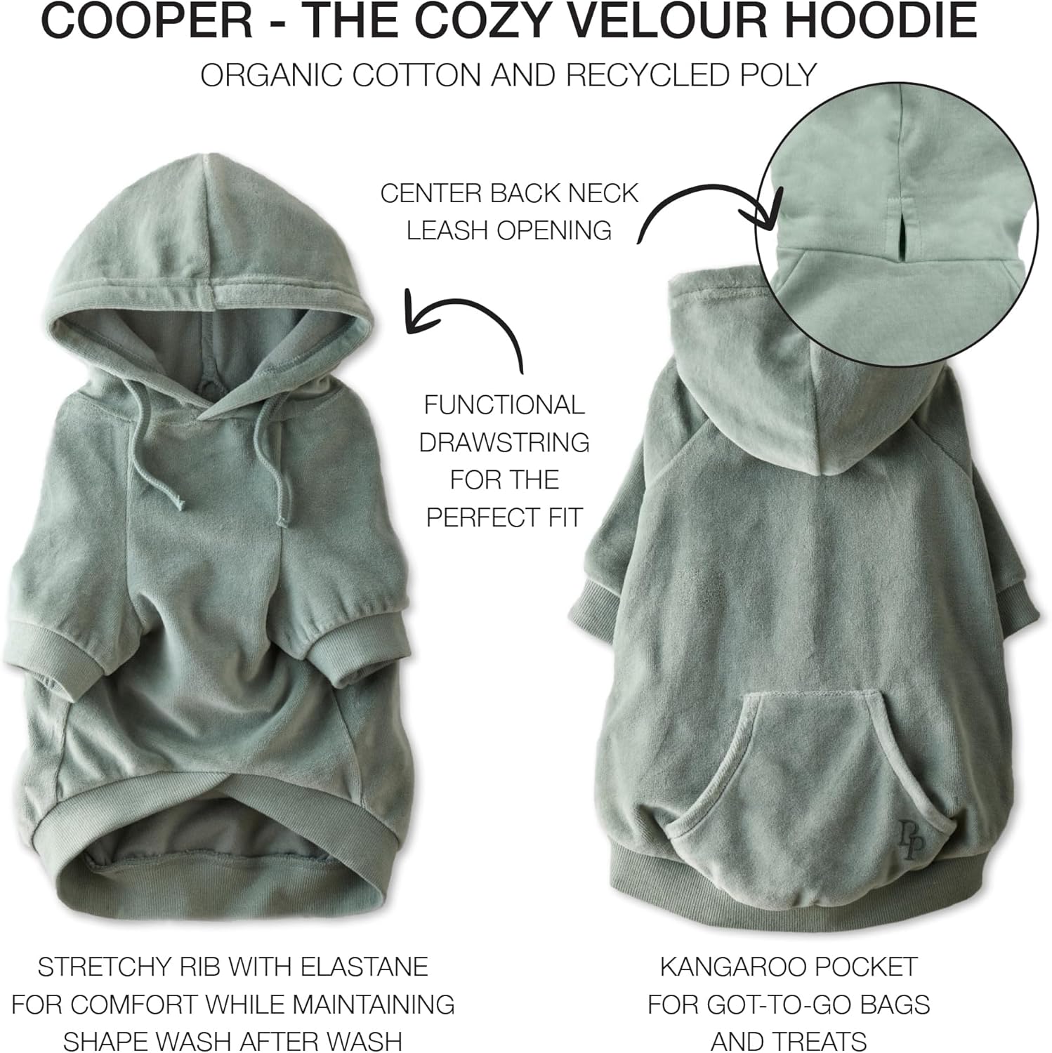 Pet Passion Cooper II Organic Cotton Velour Dog Hoodie Pet Coat for Small, Medium and Large Dogs, Sage, Medium (20-45 lbs) - Image 4