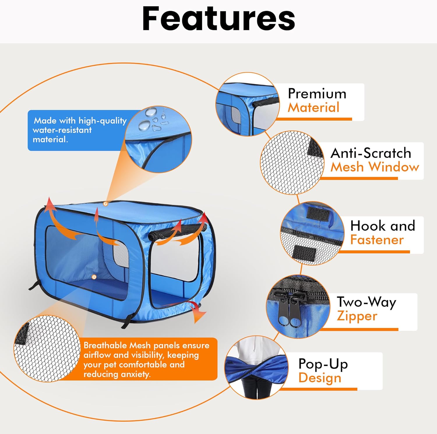 Beatrice Home Fashions Portable, Collapsible, Pop Up Kennel Travel Cat and Dog Crate, 32.5" L x 19.5" W x 19.5" H, Blue - Image 4