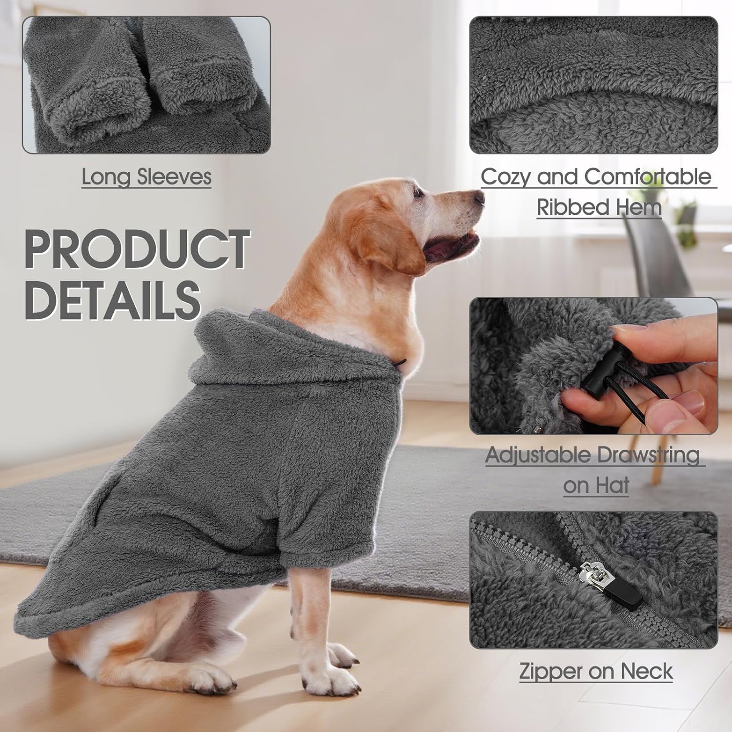 IDOMIK Fuzzy Dog Sweater with Adjustable Hood, Warm Fleece Dog Sweater Hoodie with Harness Hole & Pocket, Pullover Sweaters for Large Dogs, Fuzzy Hooded Sweatshirt for Fall Winter Christmas,Grey,XL - Image 3