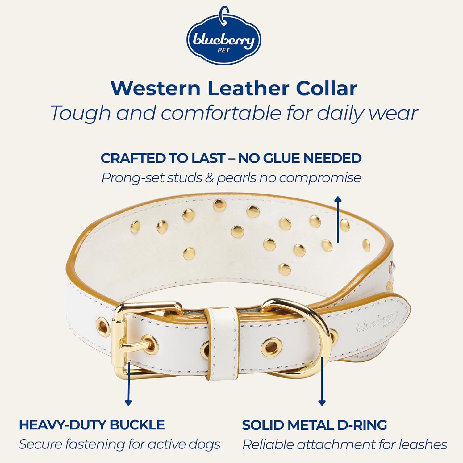 Blueberry Pet Western Genuine Leather Dog Collar for Medium Breeds, Pearl White - Floral Embroidery, Pearl Studs, Adjustable 15-18 Inch Neck, Dog Collars for Medium Dogs - Image 2
