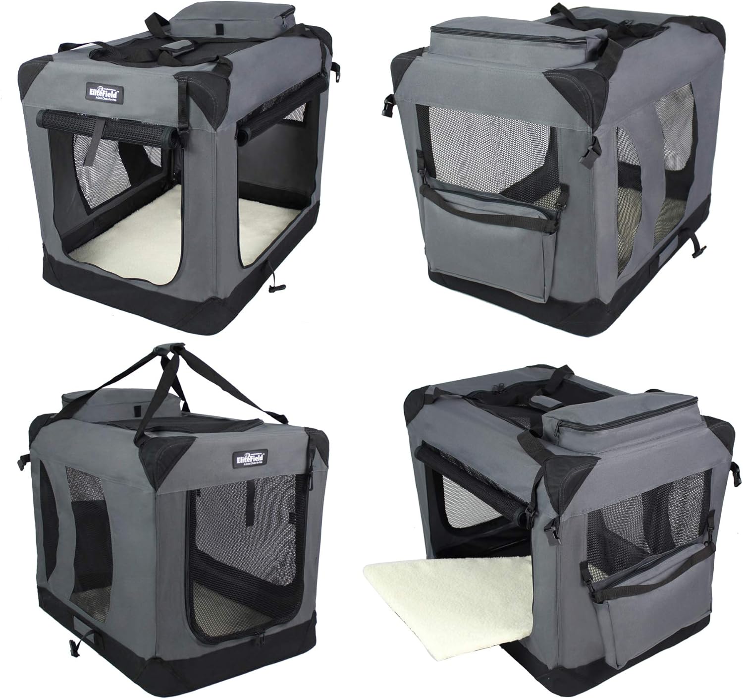 EliteField 3-Door Folding Soft Dog Crate with Carrying Bag and Fleece Bed (2 Year Warranty), Indoor & Outdoor Pet Home (42" L x 28" W x 32" H, Gray) - Image 3