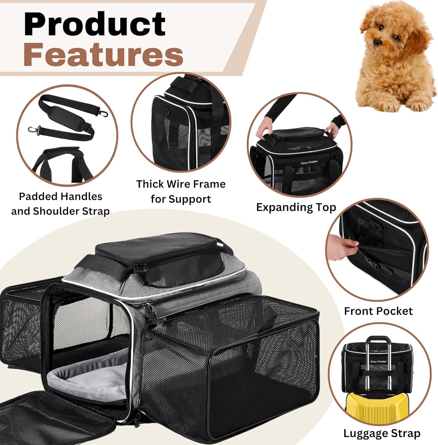 Airline Approved Top-Expanding Pet Carrier on Wheels- Extra Spacious Soft Lined Carrier! 18x11x11 (Grey, Expanding Sides) - Image 4