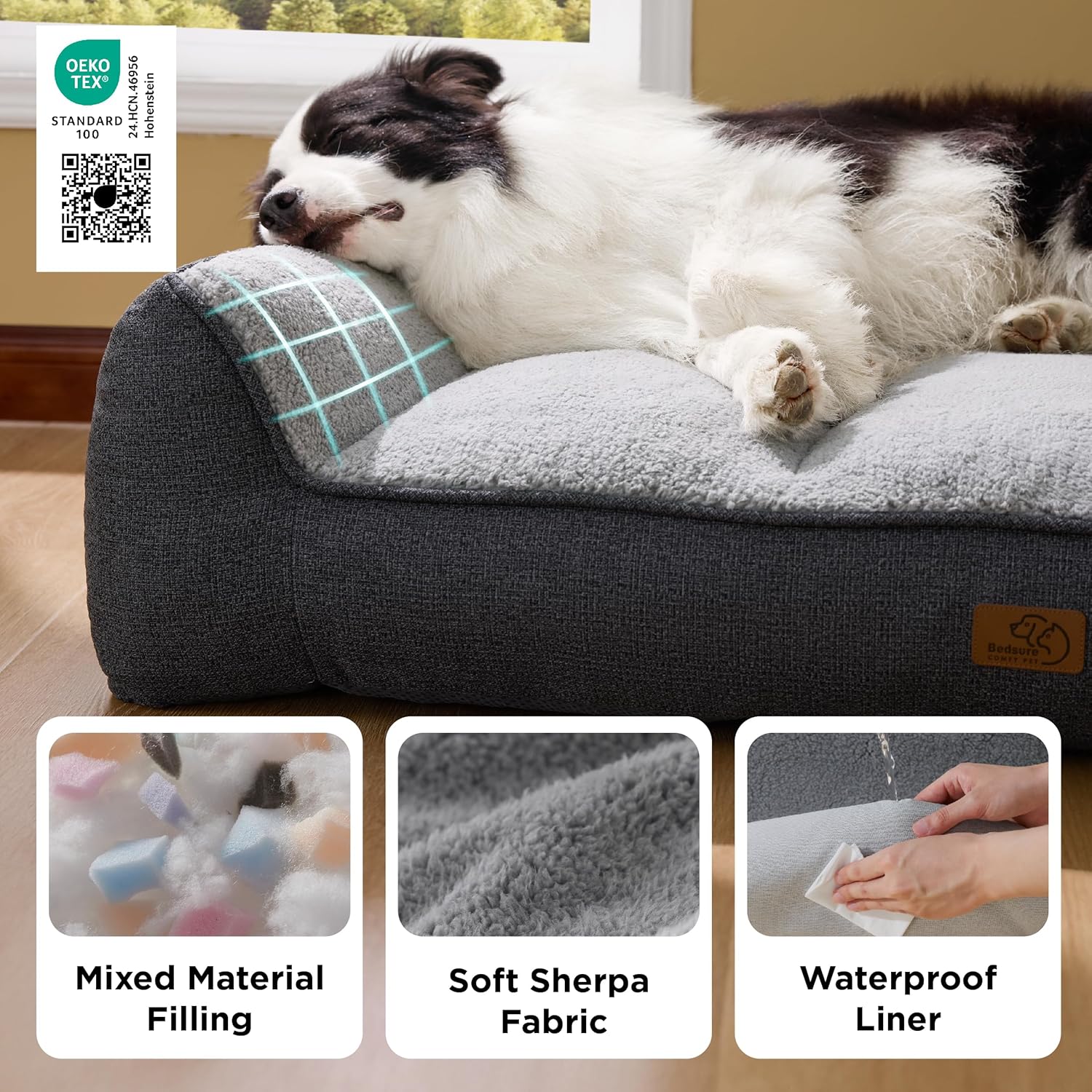 Bedsure SupportMax™ XL Orthopedic Dog Beds Large Sized Dog - As Seen on TV Extra Thick Supportive Dogs Couch with Waterproof Washable Cover, Extra Large Comfort Pet Sofa with Soft Sherpa, Grey, 42" - Image 5