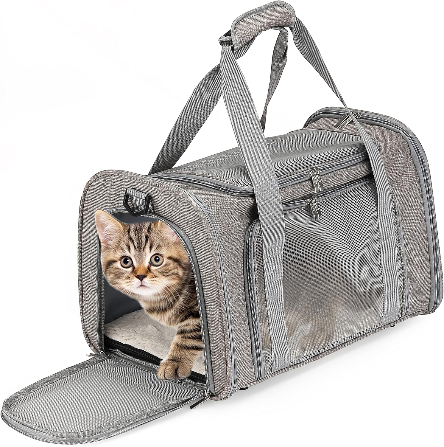 Mr. Pen- Pet Carrier, 17.5" x 11.2" x 11.5", Medium Size, Gray, Portable Travel Carrier for Small Pets, Cats & Small Dogs, Breathable Mesh, Safety Inner Leash, Side Pocket & Padded Shoulder Strap